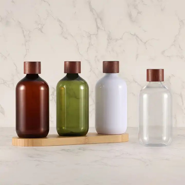 Bouteille d'huile essentielle en plastique PET de 500ml, couvercle à vis en bois de bambou, bouteille ronde de liquide d'aromathérapie à rosée Pure avec réducteur d'orifice, nouvelle collection